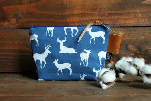 Navy Deer with Vegan Leather - Cosmetic Bag - Make Up Bag - Bridesmaid Gift