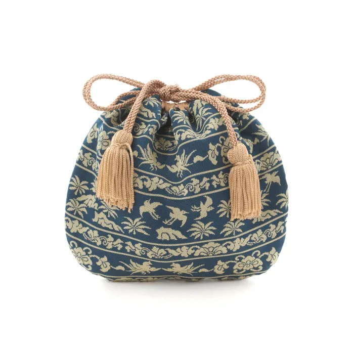 Nishijin-ori Small Drawstring Bag - Bird / Navy Blue -,  Made in Kyoto, Japan,  Japanese traditional craft purse