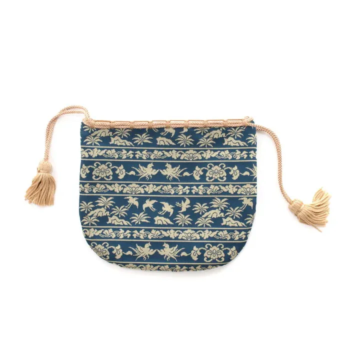 Nishijin-ori Small Drawstring Bag - Bird / Navy Blue -,  Made in Kyoto, Japan,  Japanese traditional craft purse