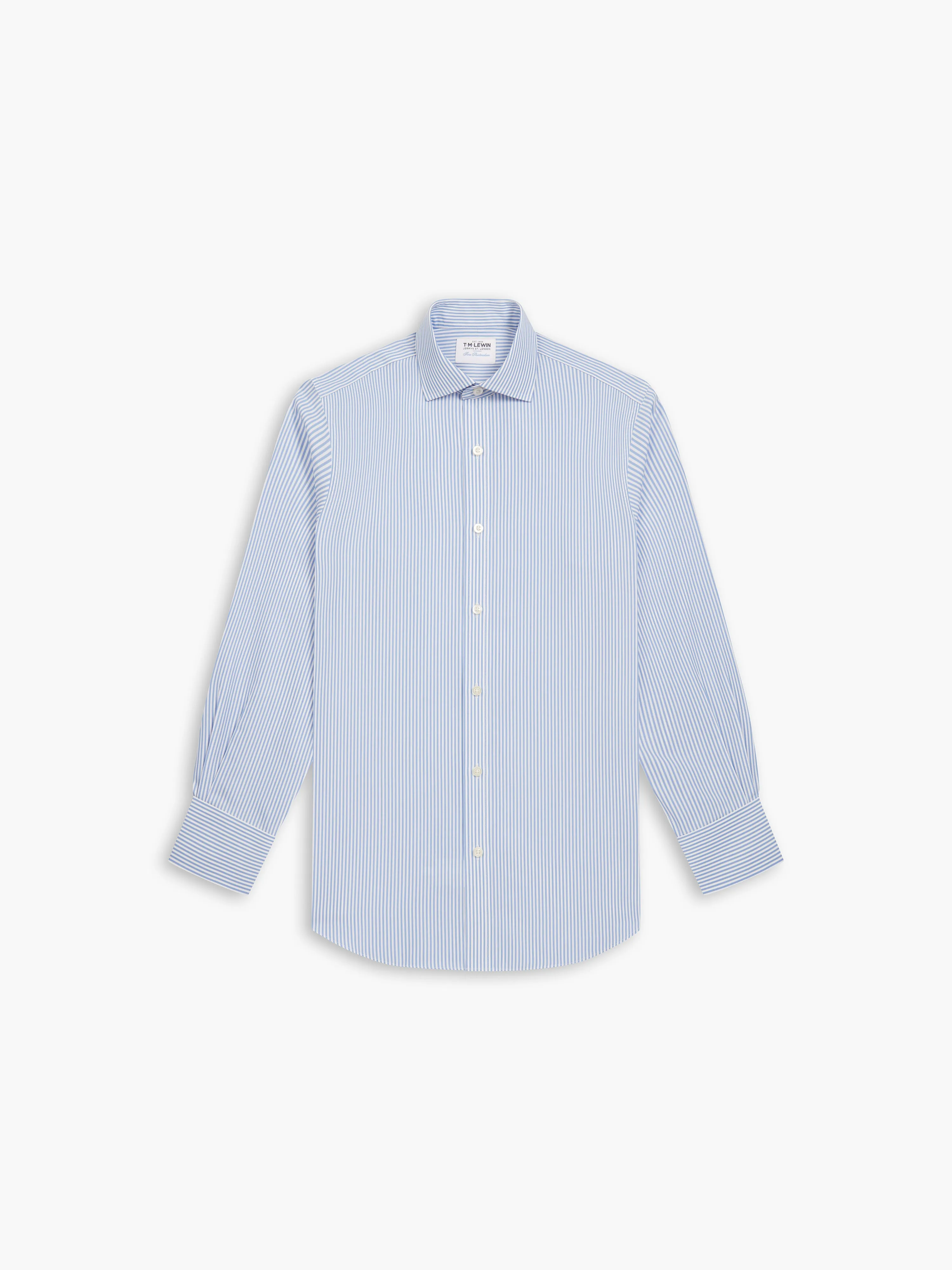 Non-Iron Slim Fit Light Blue Wide Stripe Poplin Classic Collar Single Cuff Shirt