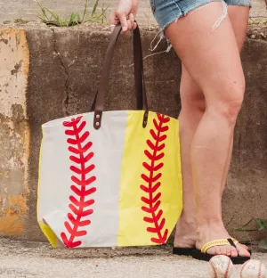 Oversize Ball MOM Half Baseball Half Softball Canvas Bag Tote