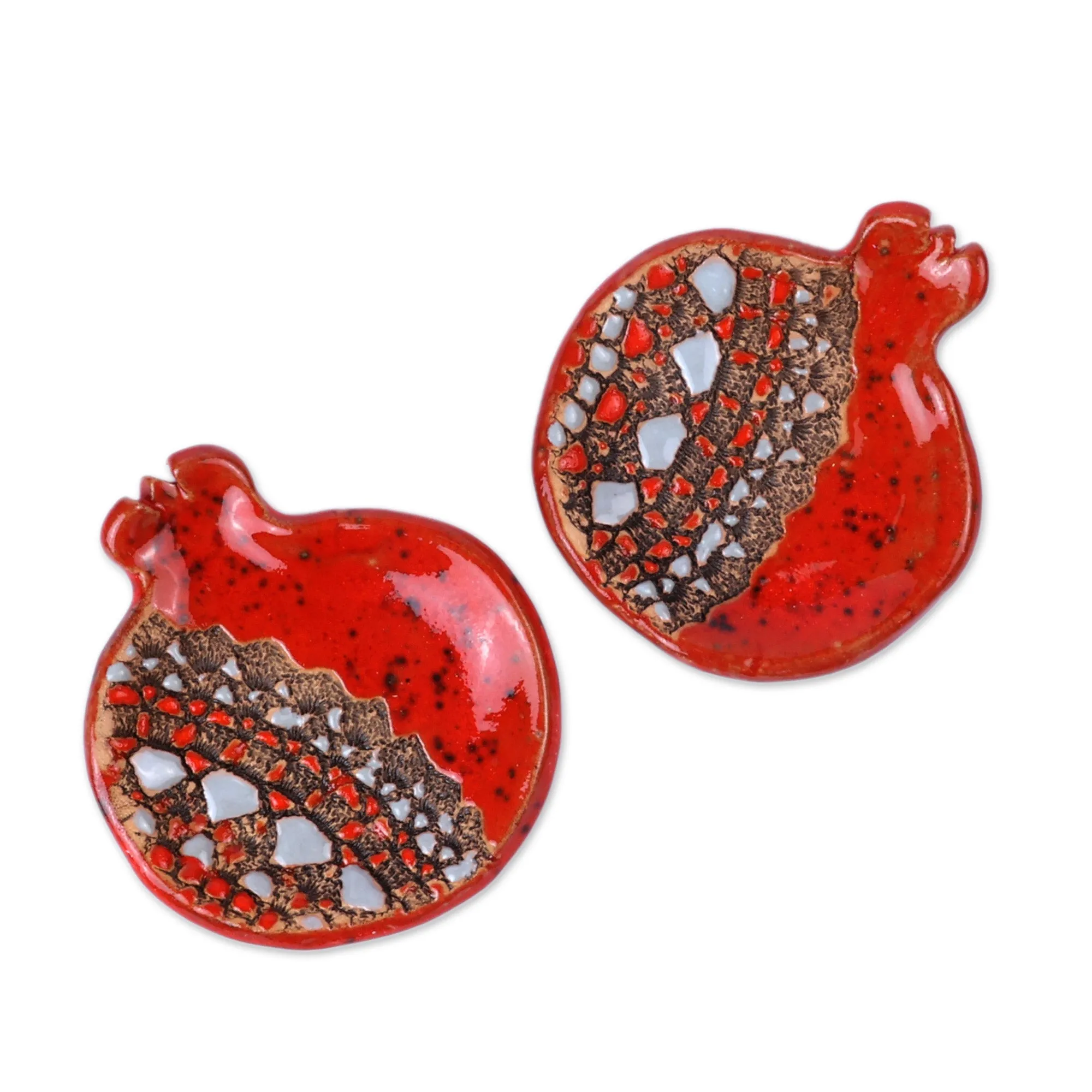 Pair of Red and Grey Glazed Ceramic Pomegranate Catchalls - Sweet Pomegranate | NOVICA