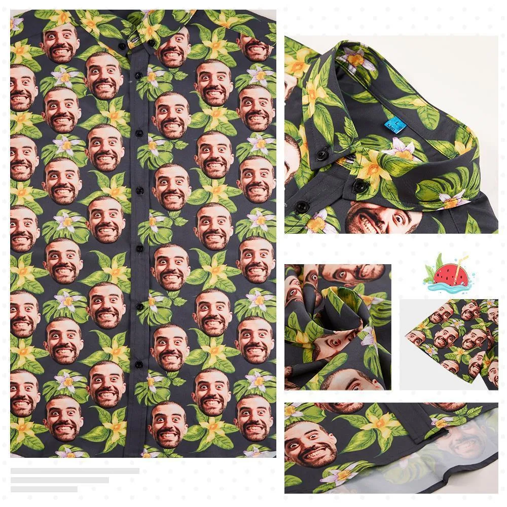 Personalised Hawaiian Shirt Face UK All Over Print Green Leaves