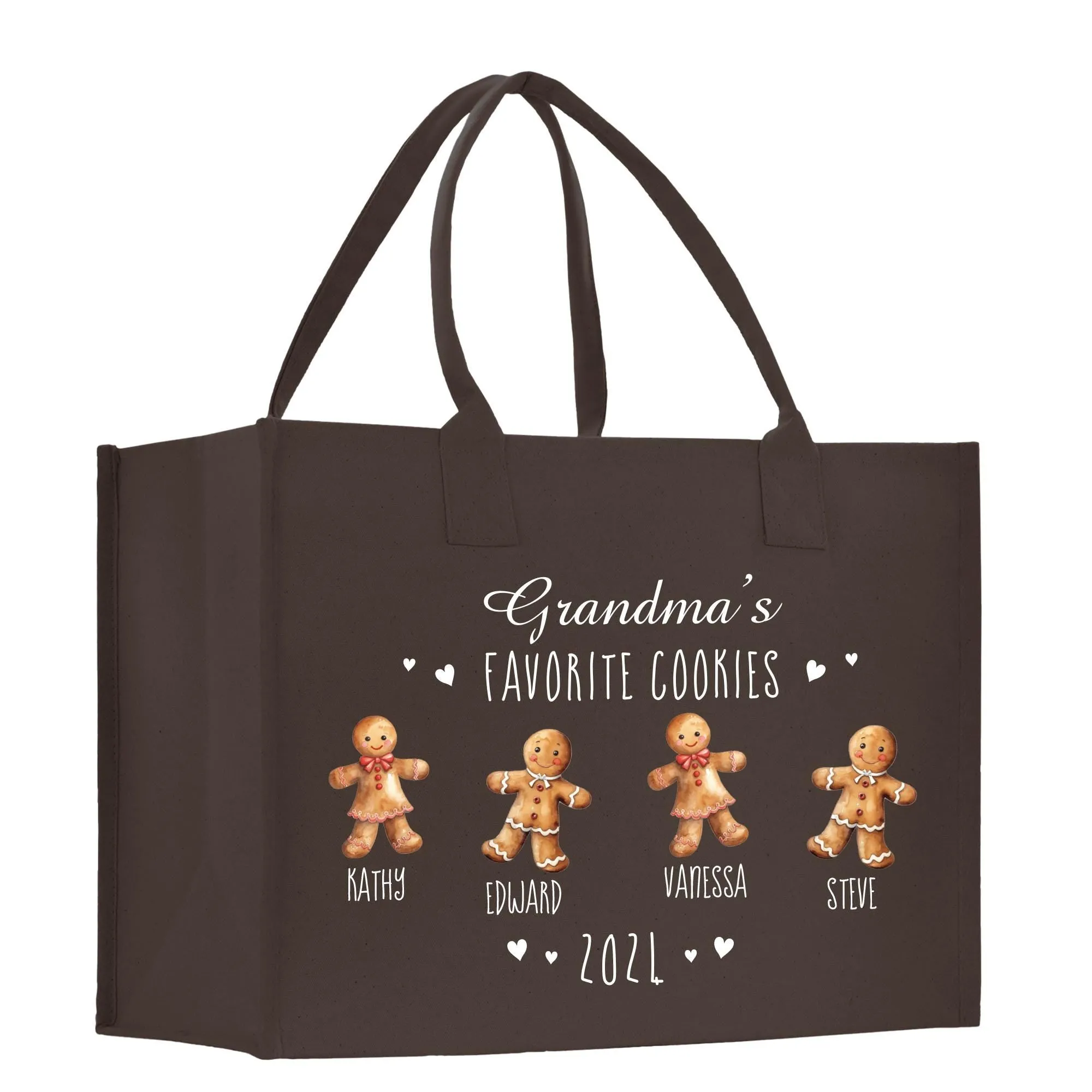 Personalized Grandma's Favorite Cookies Grandkid Names and Year Christmas Cotton Canvas Tote Bag Custom Xmas Eve Gift Holiday Gift (CT1060)