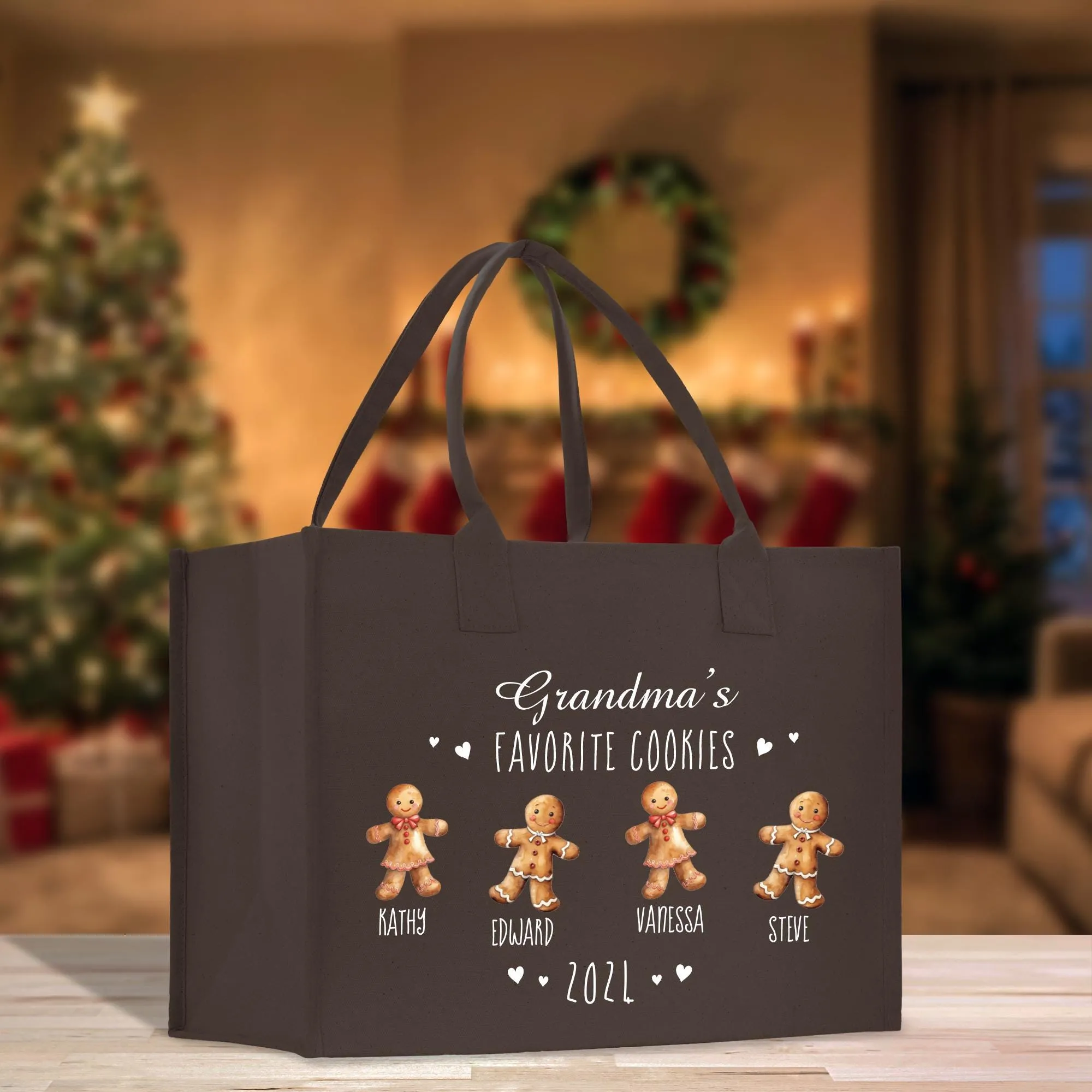 Personalized Grandma's Favorite Cookies Grandkid Names and Year Christmas Cotton Canvas Tote Bag Custom Xmas Eve Gift Holiday Gift (CT1060)