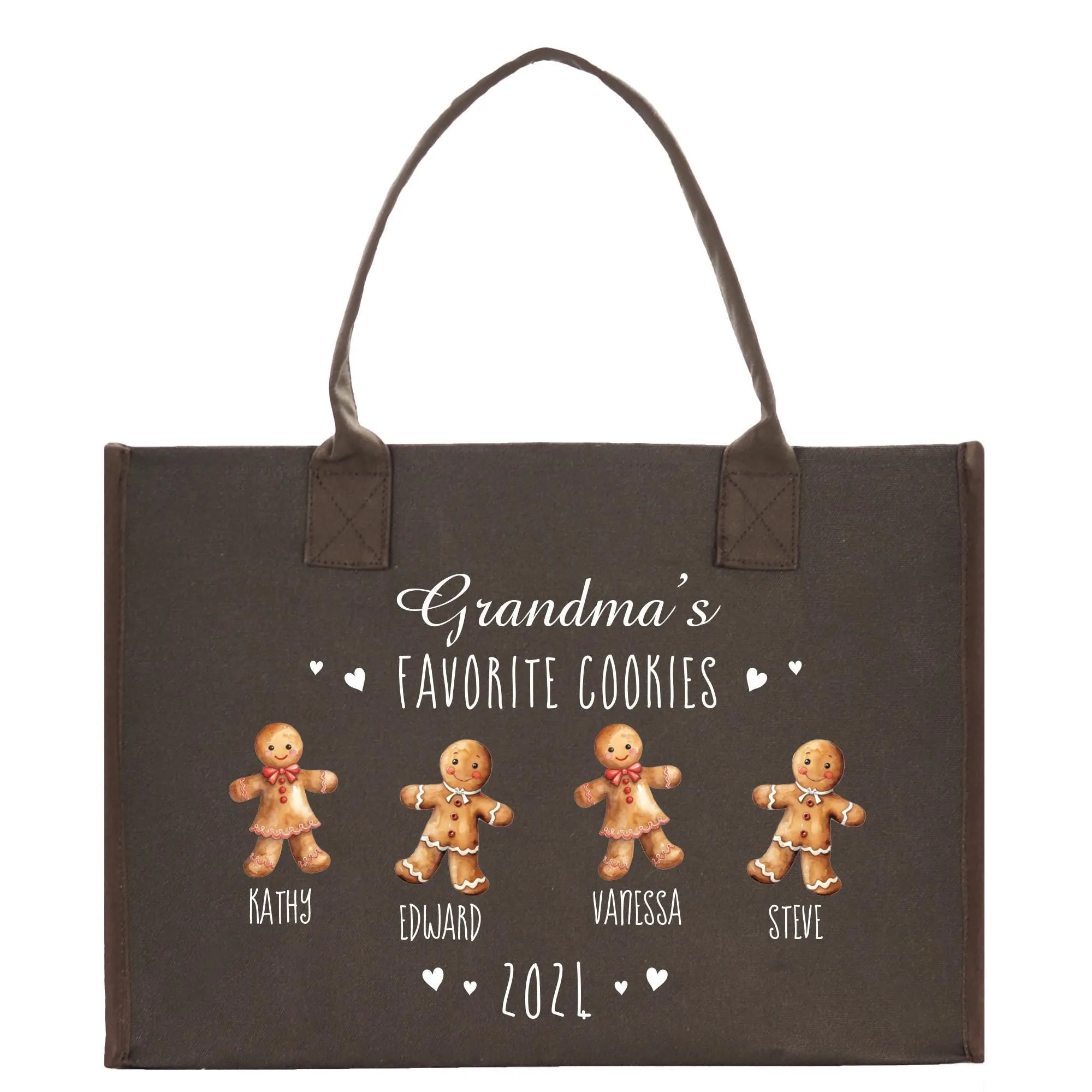 Personalized Grandma's Favorite Cookies Grandkid Names and Year Christmas Cotton Canvas Tote Bag Custom Xmas Eve Gift Holiday Gift (CT1060)