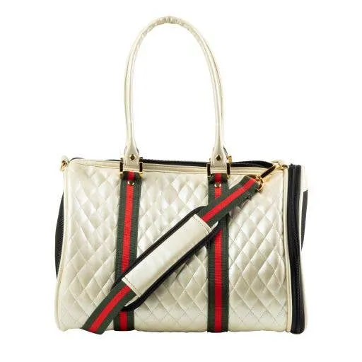 Petote Duffel Dog Carrier - Ivory Quilted With Red Stripe