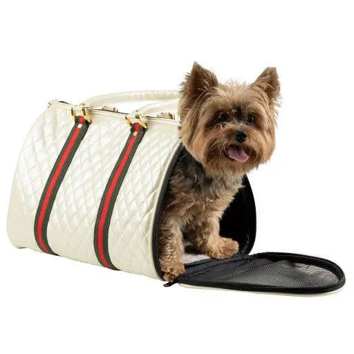 Petote Duffel Dog Carrier - Ivory Quilted With Red Stripe