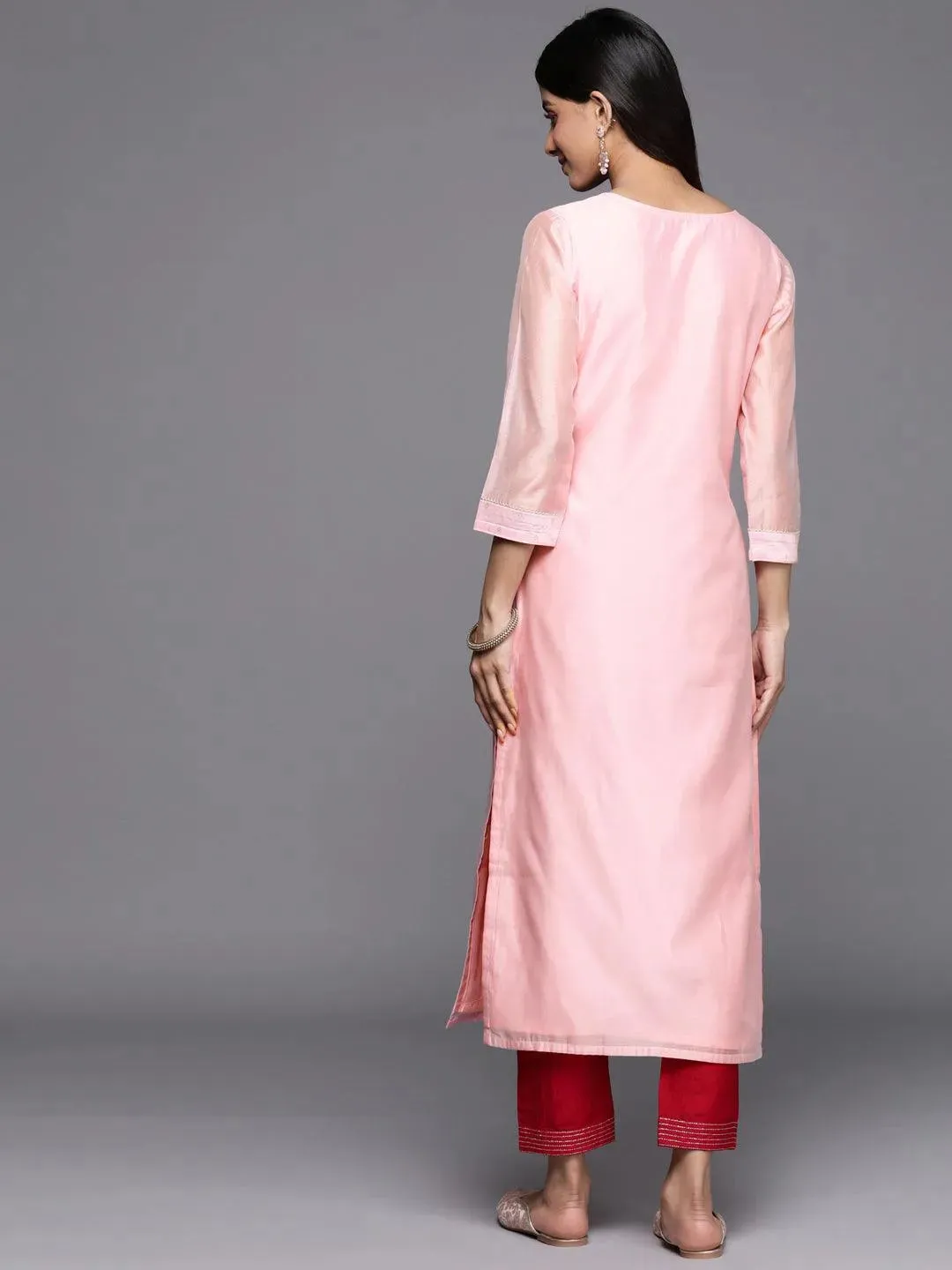 Pink Embellished Chanderi Silk Straight Kurta