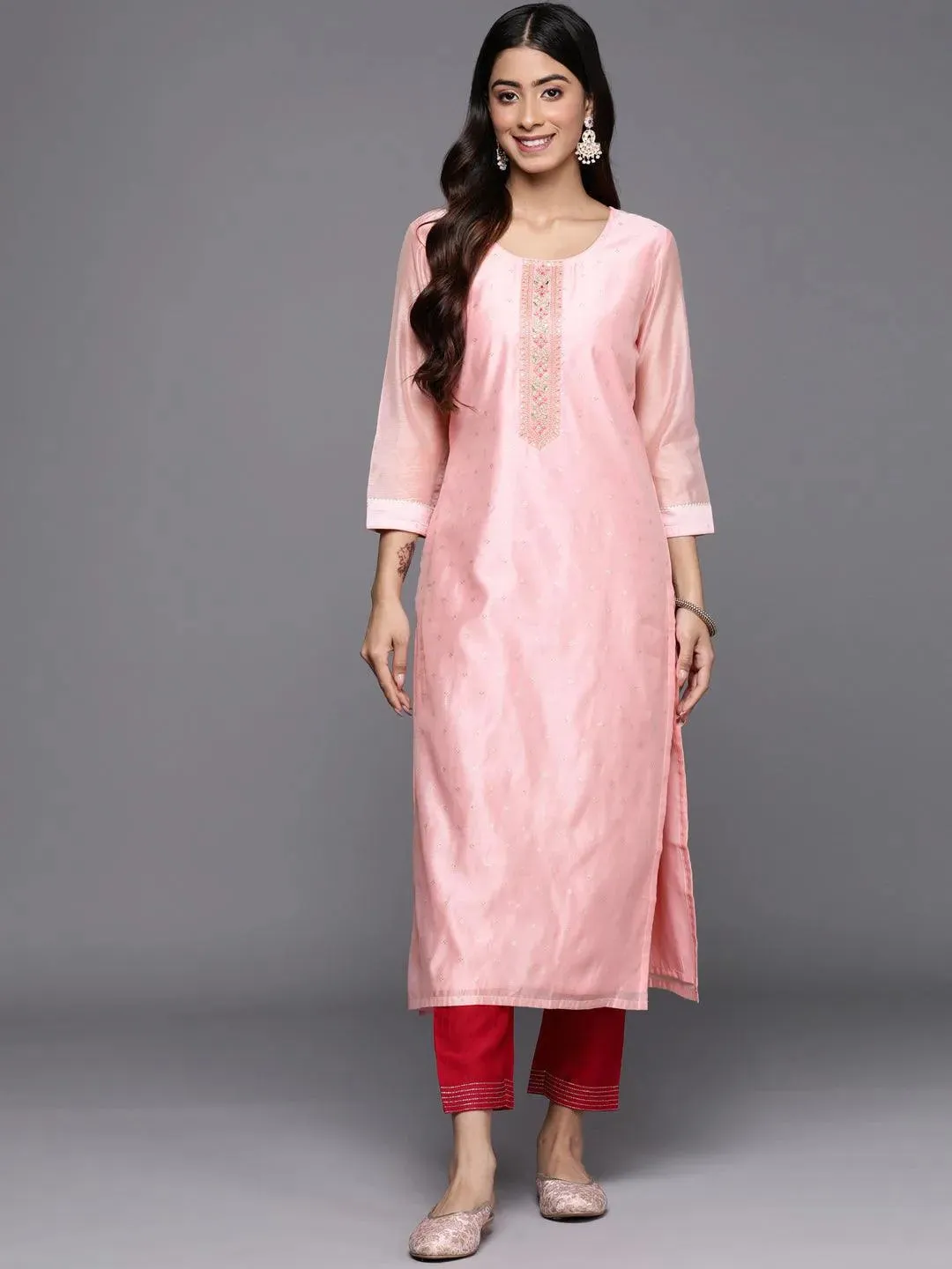 Pink Embellished Chanderi Silk Straight Kurta