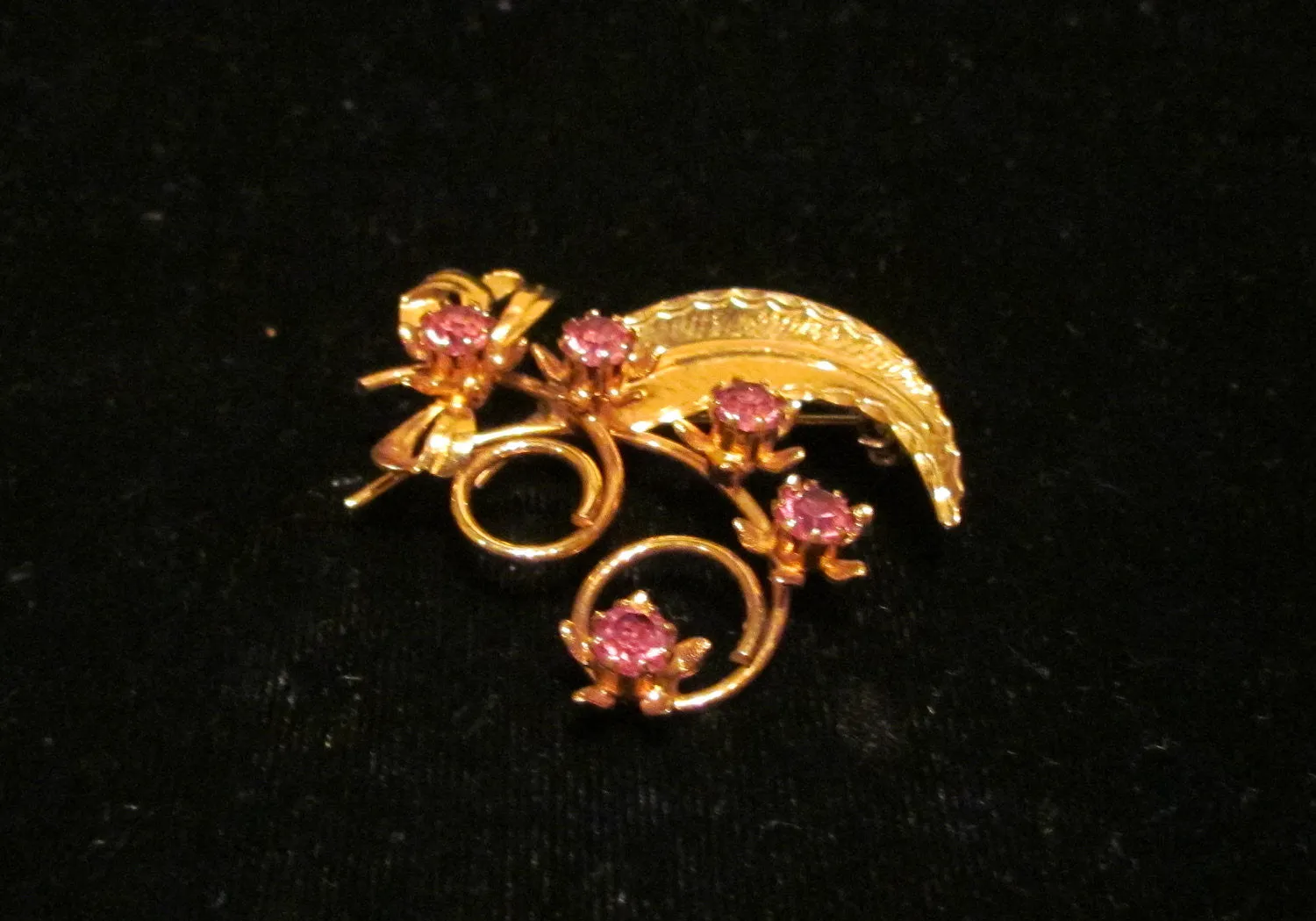 Pink Rhinestone Pin Vintage Brooch Gold Leaf & Flower Design