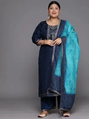 Plus Size Blue Woven Design Silk Blend Straight Kurta With Trousers & Dupatta