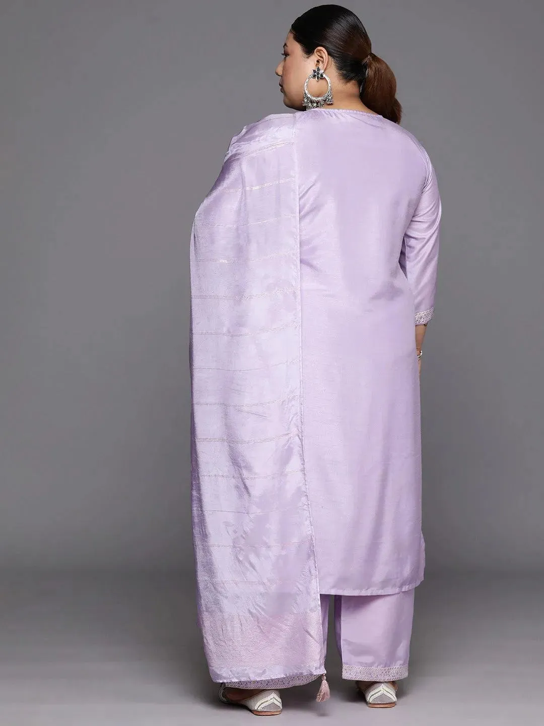 Plus Size Lavender Woven Design Silk Blend Straight Kurta With Trousers & Dupatta