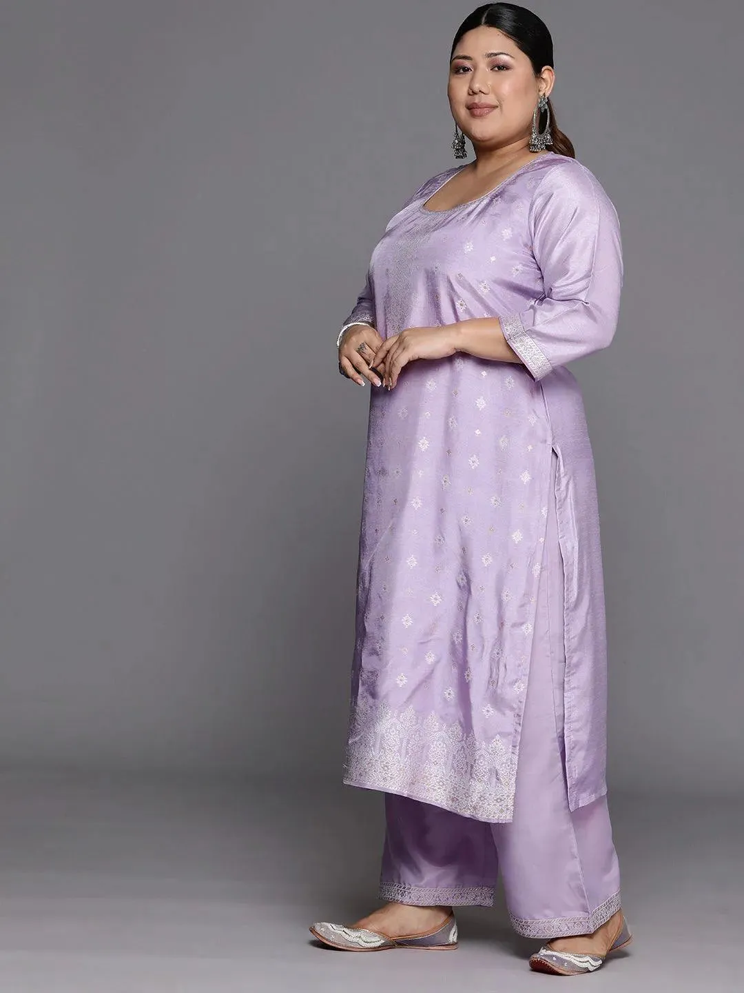 Plus Size Lavender Woven Design Silk Blend Straight Kurta With Trousers & Dupatta