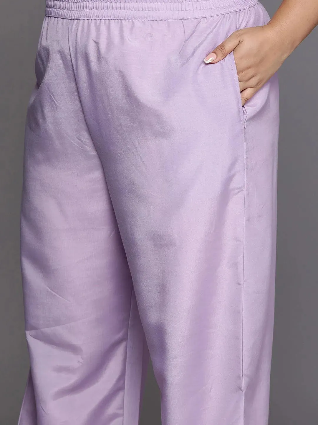 Plus Size Lavender Woven Design Silk Blend Straight Kurta With Trousers & Dupatta