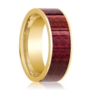 Polished 14k Yellow Gold Flat Wedding Ring for Men with Purpleheart Wood Inlay - 8MM