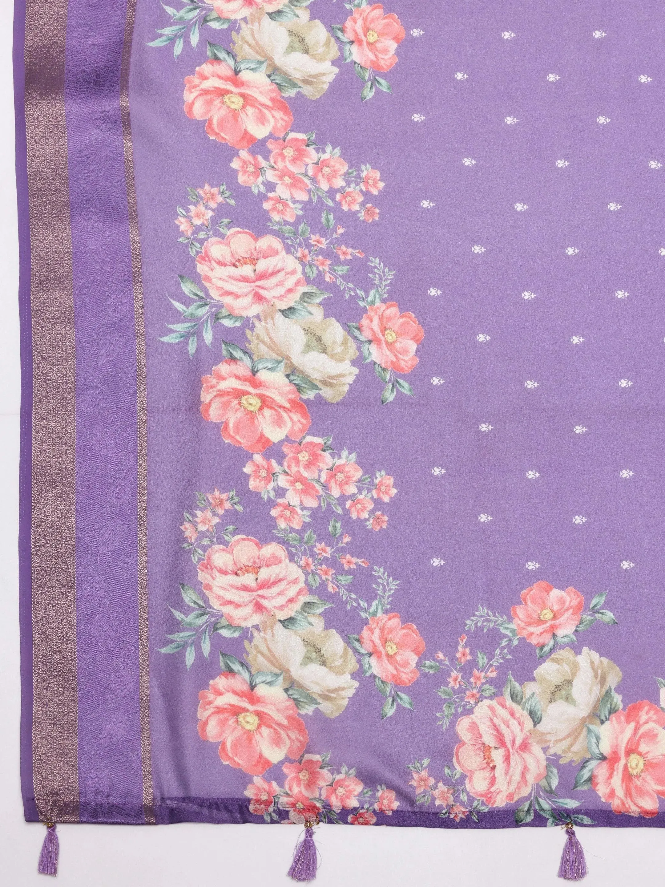 Purple Printed Silk Blend Saree With Unstitched Blouse Piece