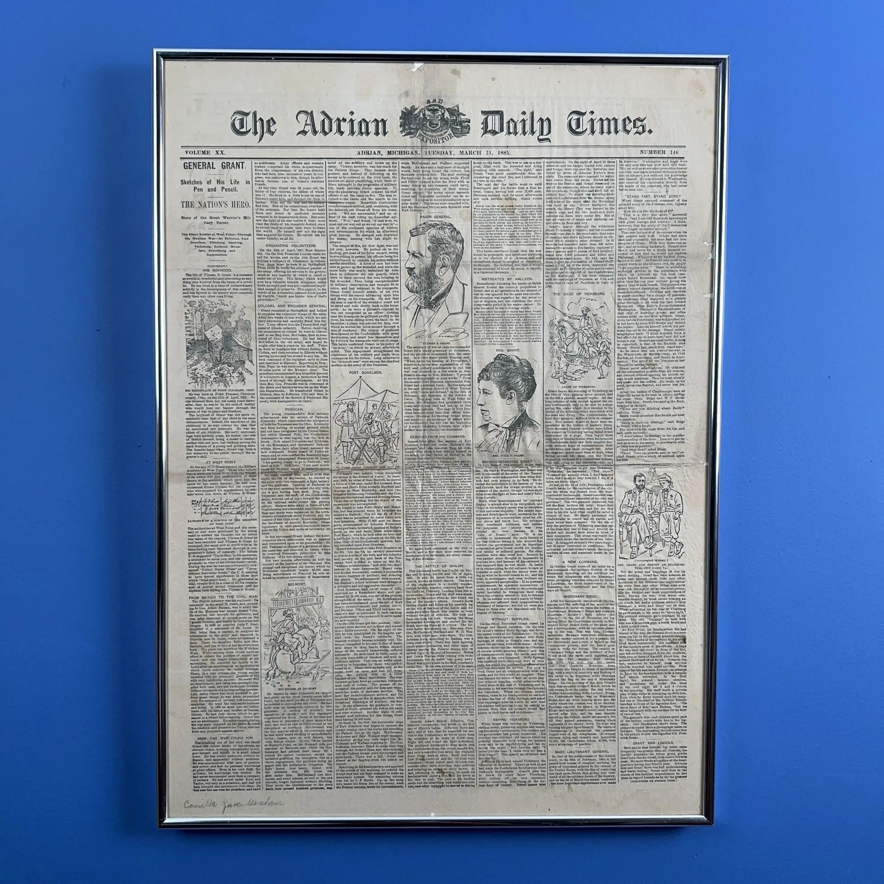 "Adrian Daily Times" with stories about the life and career of Gen. Ulysses Grant — Adrian, Michigan, March 31, 1885