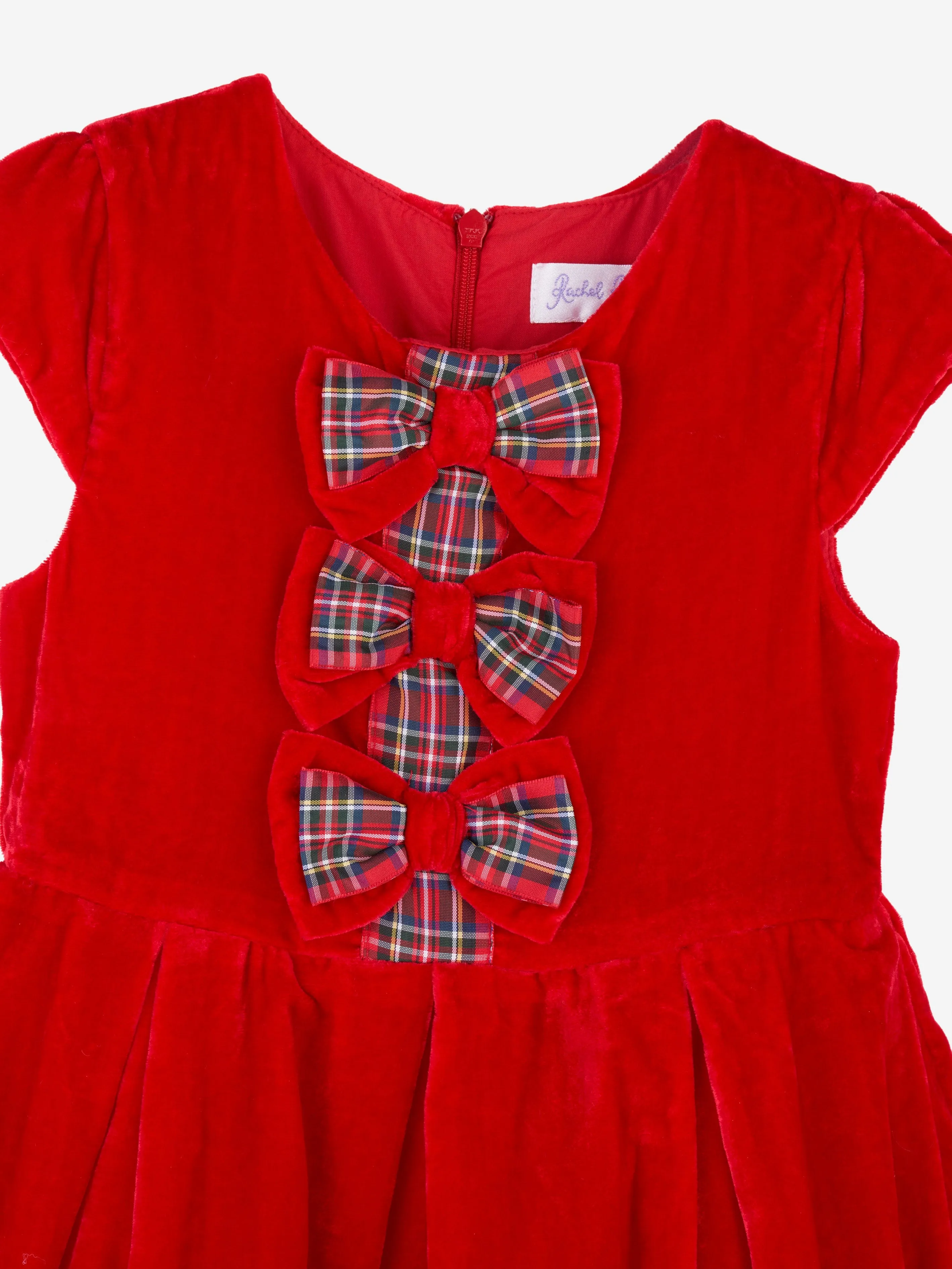 Rachel Riley Girls Tartan Bow Velvet Dress in Red