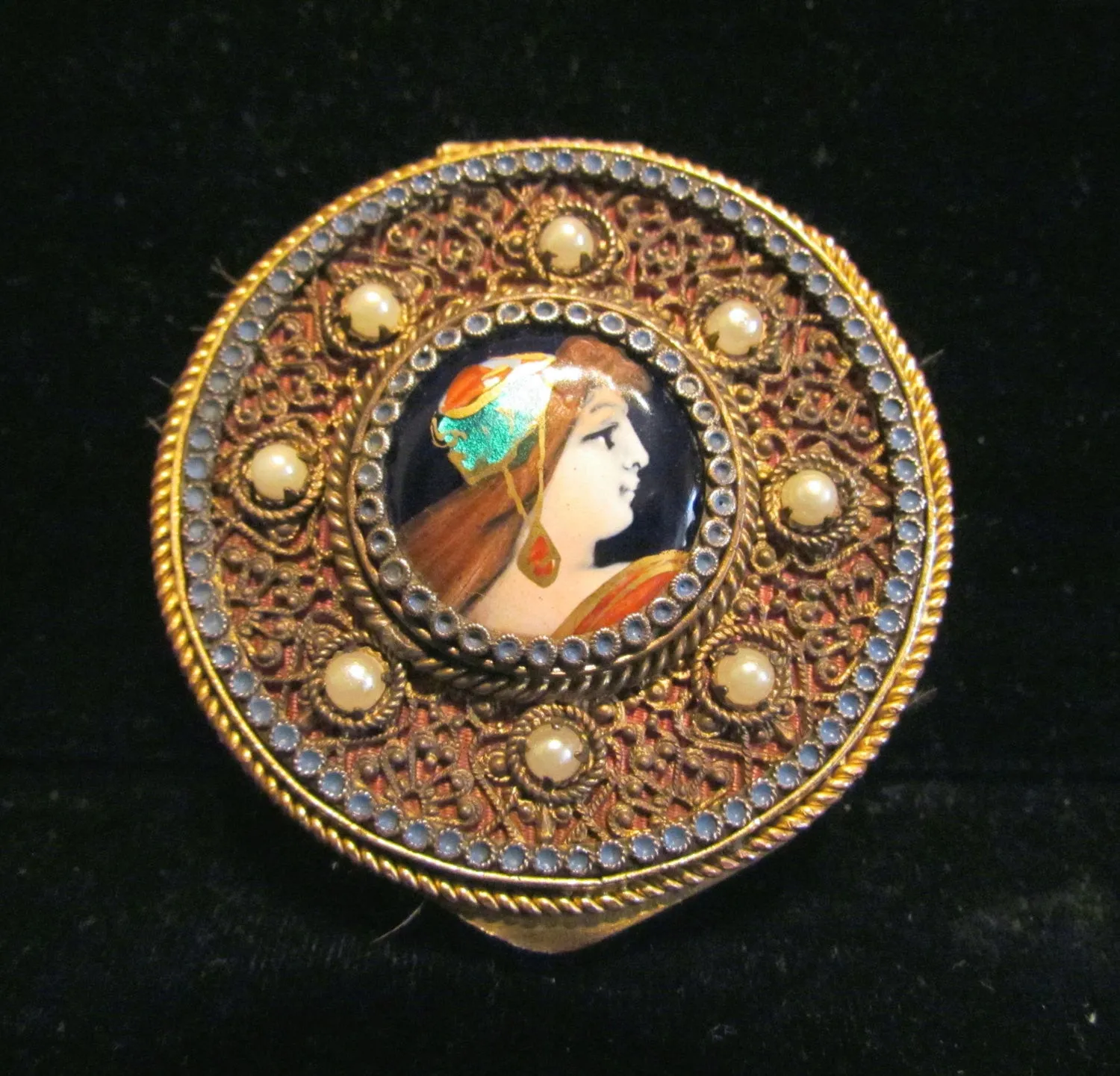 Rare 1800's French Portrait Gold Ormolu Filigree & Enamel Pearl Powder Mirror Compact