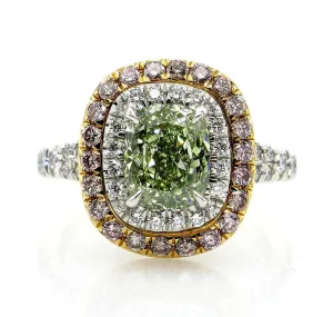 Rare GIA 2.55ctw Fancy INTENSE GREEN Cushion Cut Diamond Engagement Platinum Ring