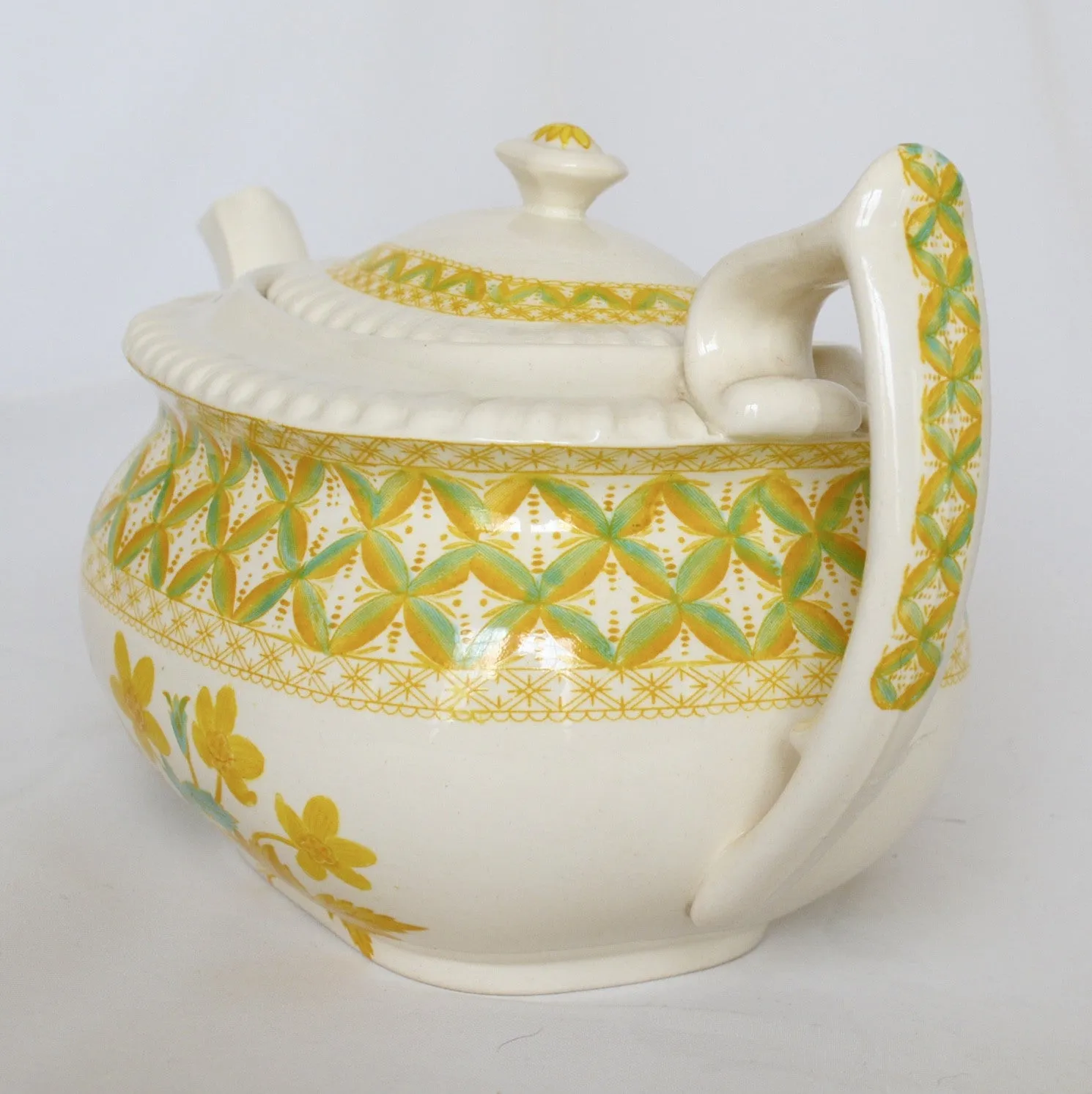 Rare Yellow Transferware Teapot Spode Copeland Lattice and Geraniums Flowers