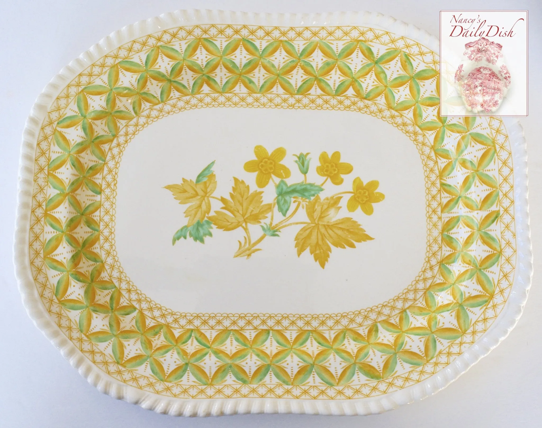 Rare Yellow Transferware Teapot Spode Copeland Lattice and Geraniums Flowers