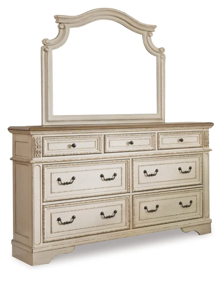 Realyn King Upholstered Panel Bed with Mirrored Dresser, Chest and Nightstand