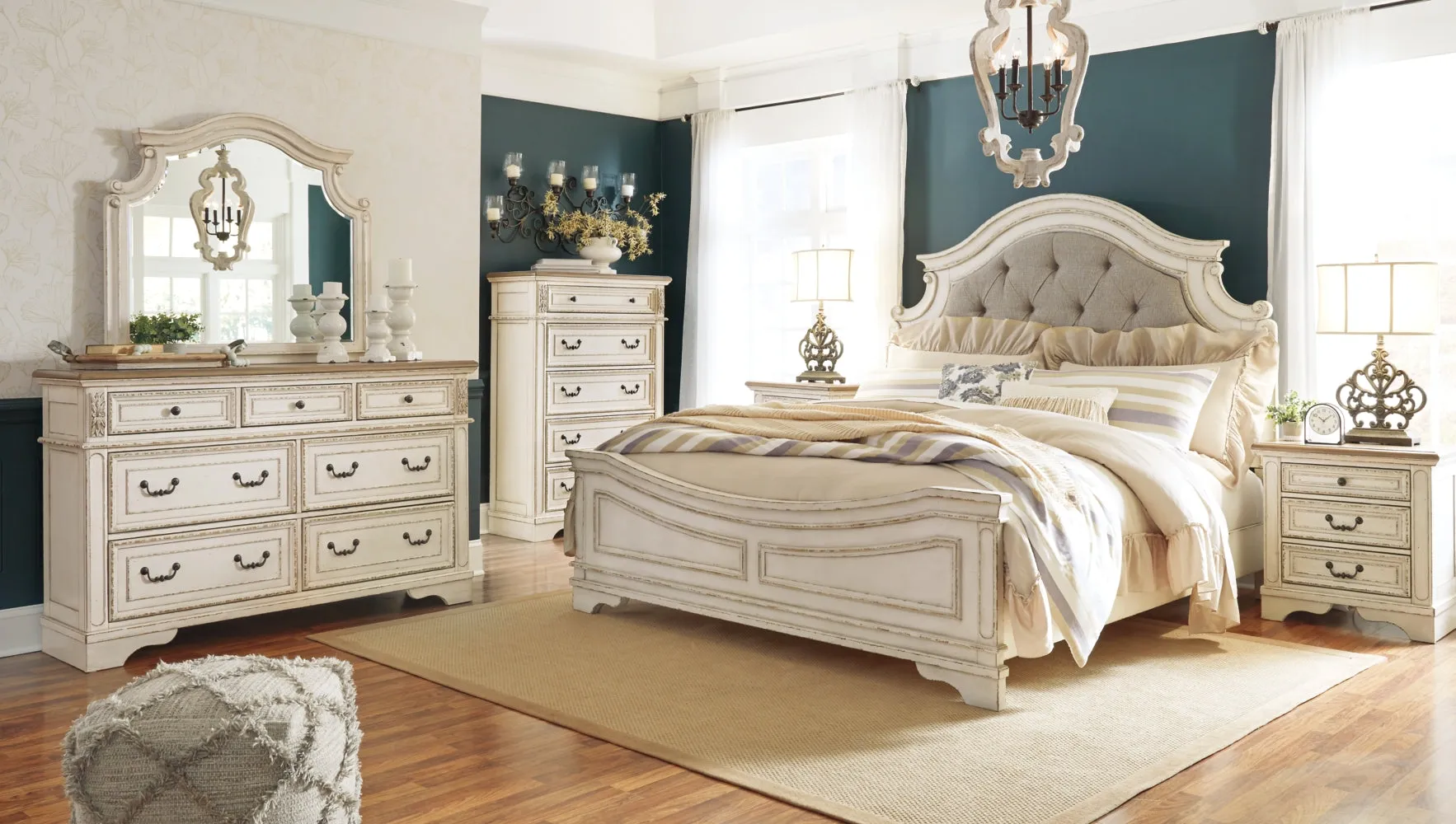 Realyn King Upholstered Panel Bed with Mirrored Dresser, Chest and Nightstand