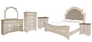 Realyn Queen Upholstered Panel Bed with Mirrored Dresser, Chest and 2 Nightstands