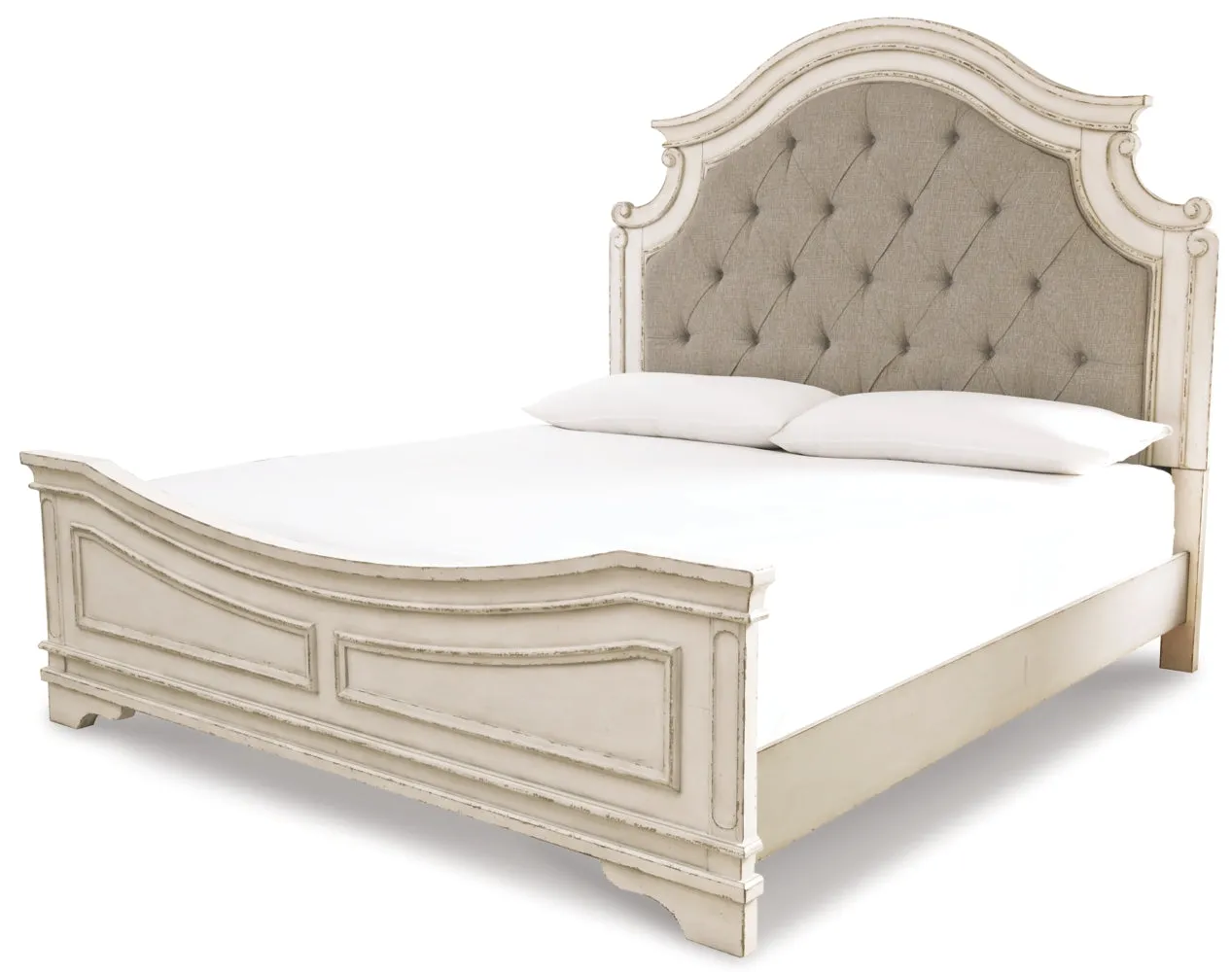 Realyn Queen Upholstered Panel Bed with Mirrored Dresser, Chest and 2 Nightstands