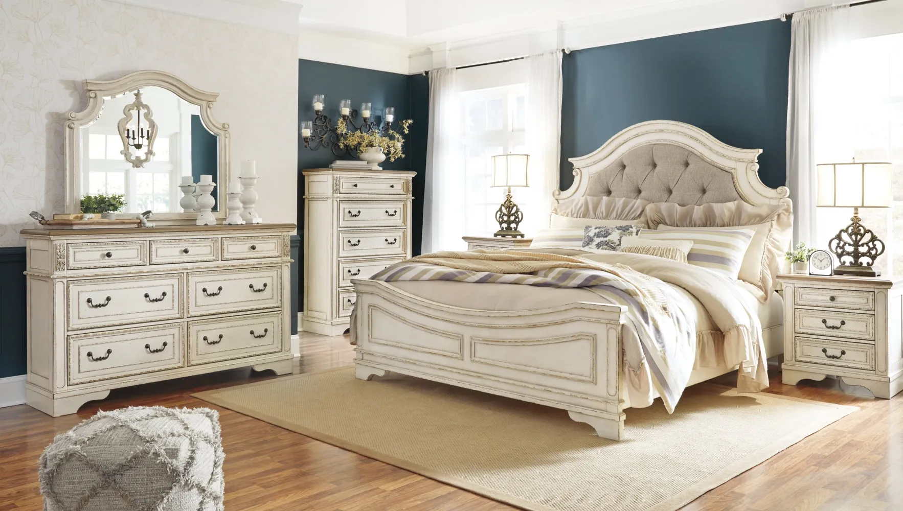 Realyn Queen Upholstered Panel Bed with Mirrored Dresser, Chest and 2 Nightstands