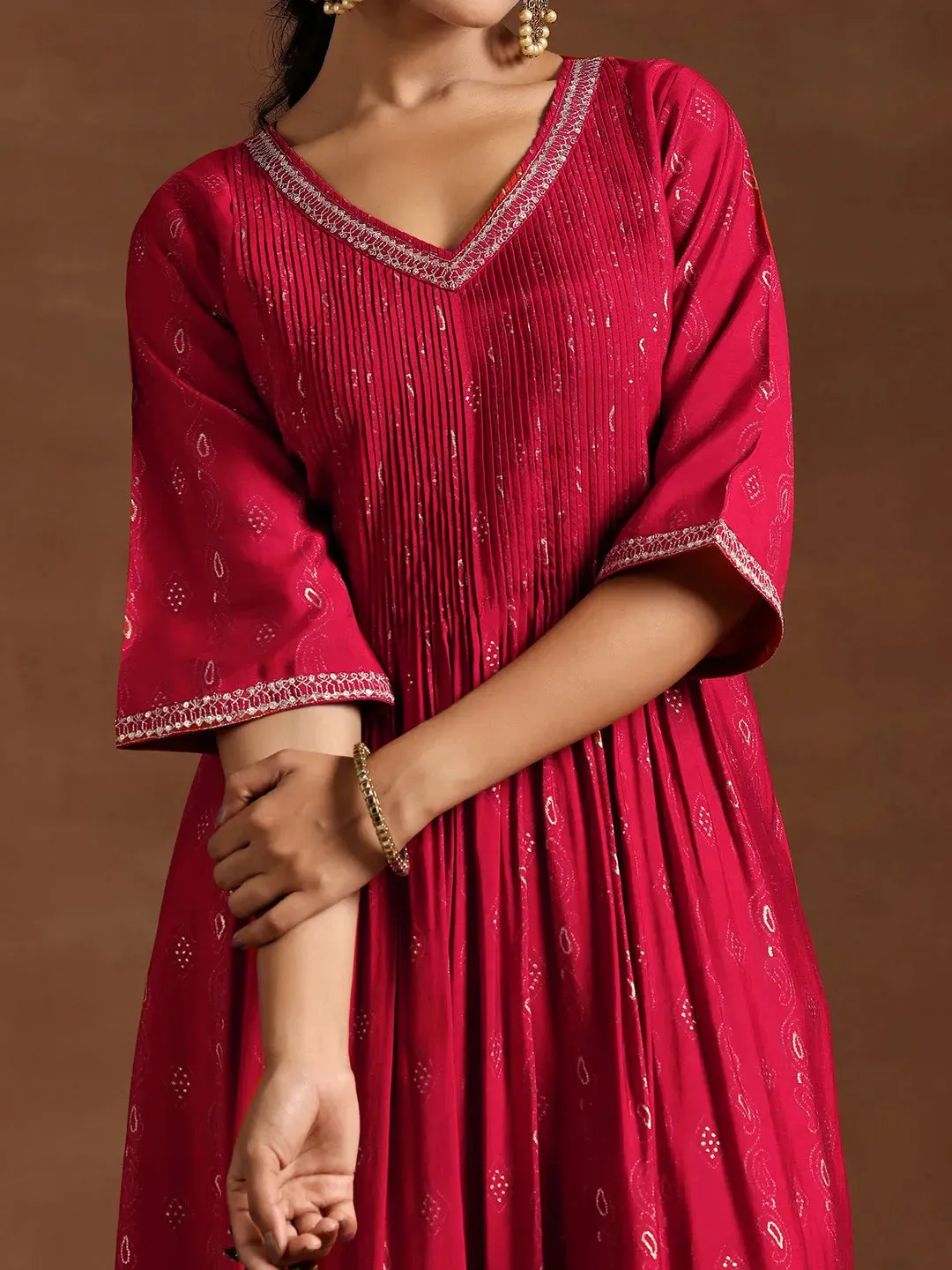 Red Printed Silk A-Line Kurta