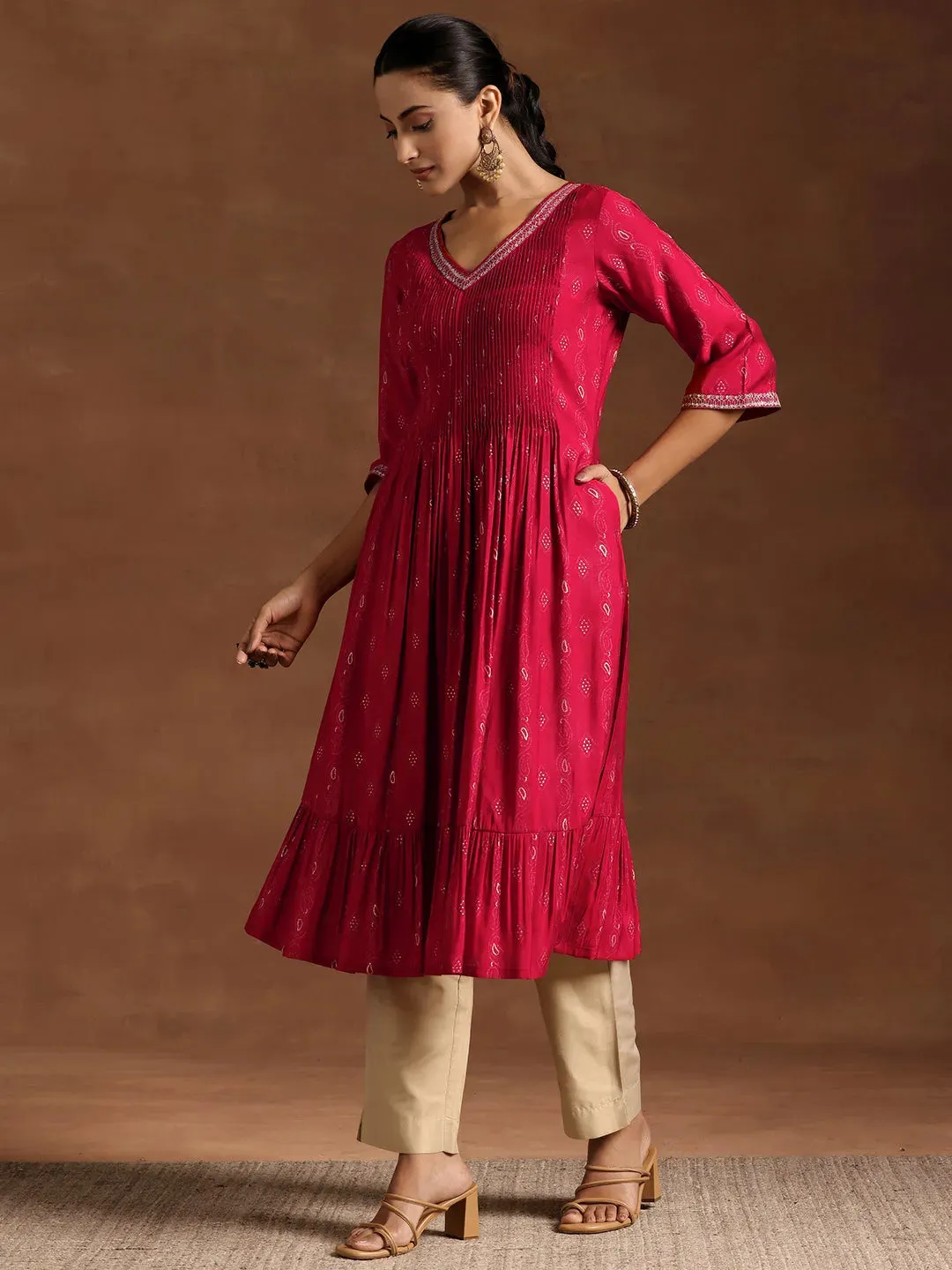 Red Printed Silk A-Line Kurta