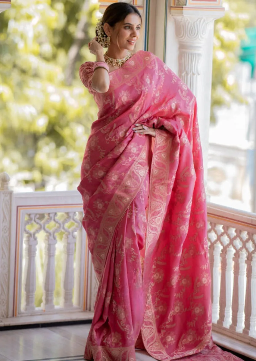 Resplendent Pink Soft Silk Saree With Lustrous Blouse Piece