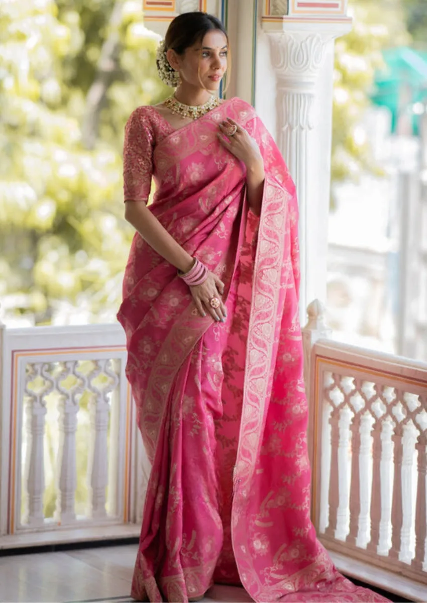 Resplendent Pink Soft Silk Saree With Lustrous Blouse Piece