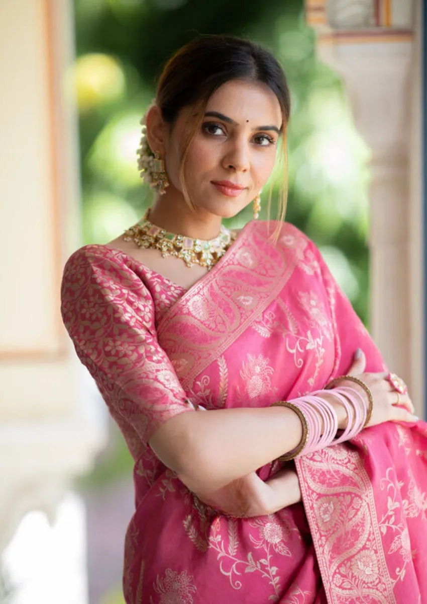 Resplendent Pink Soft Silk Saree With Lustrous Blouse Piece