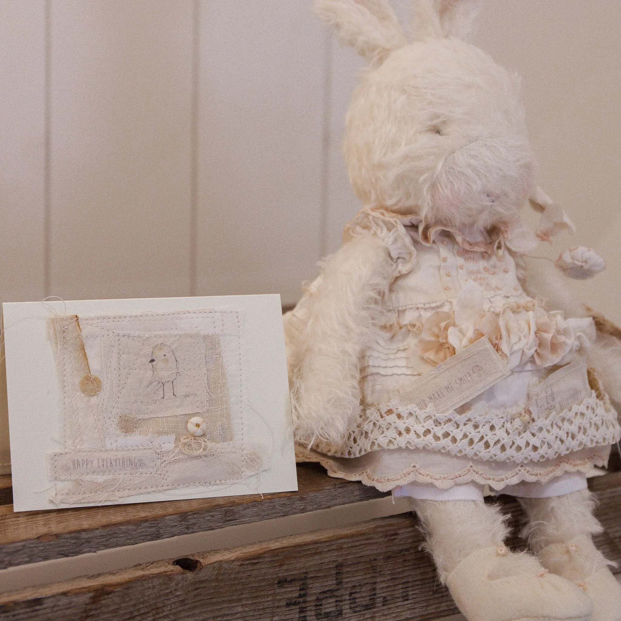 RETIRED - Hutch Studio - Miss Lovey Love Note - Hand-Crafted Curly Mohair Cream Bunny