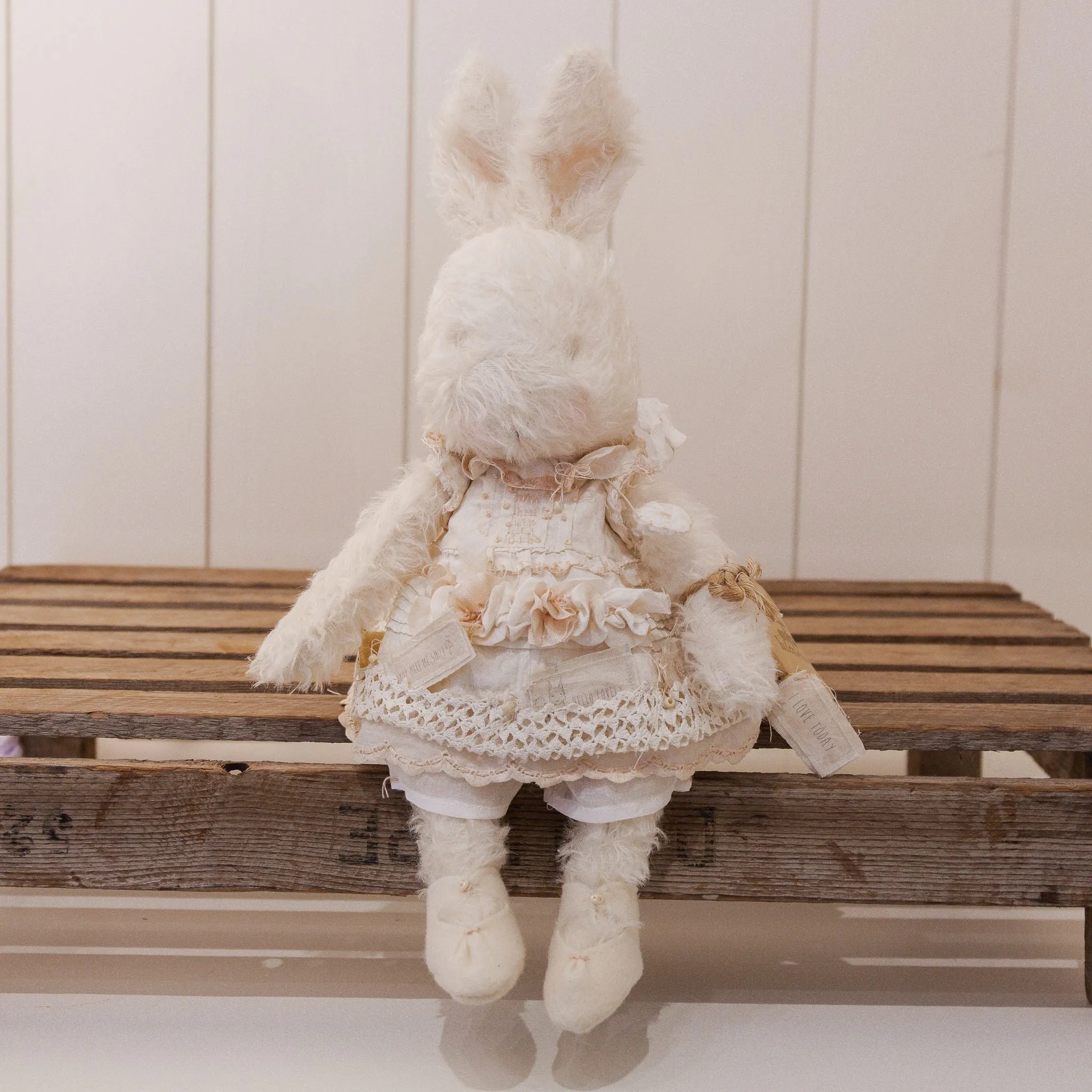 RETIRED - Hutch Studio - Miss Lovey Love Note - Hand-Crafted Curly Mohair Cream Bunny