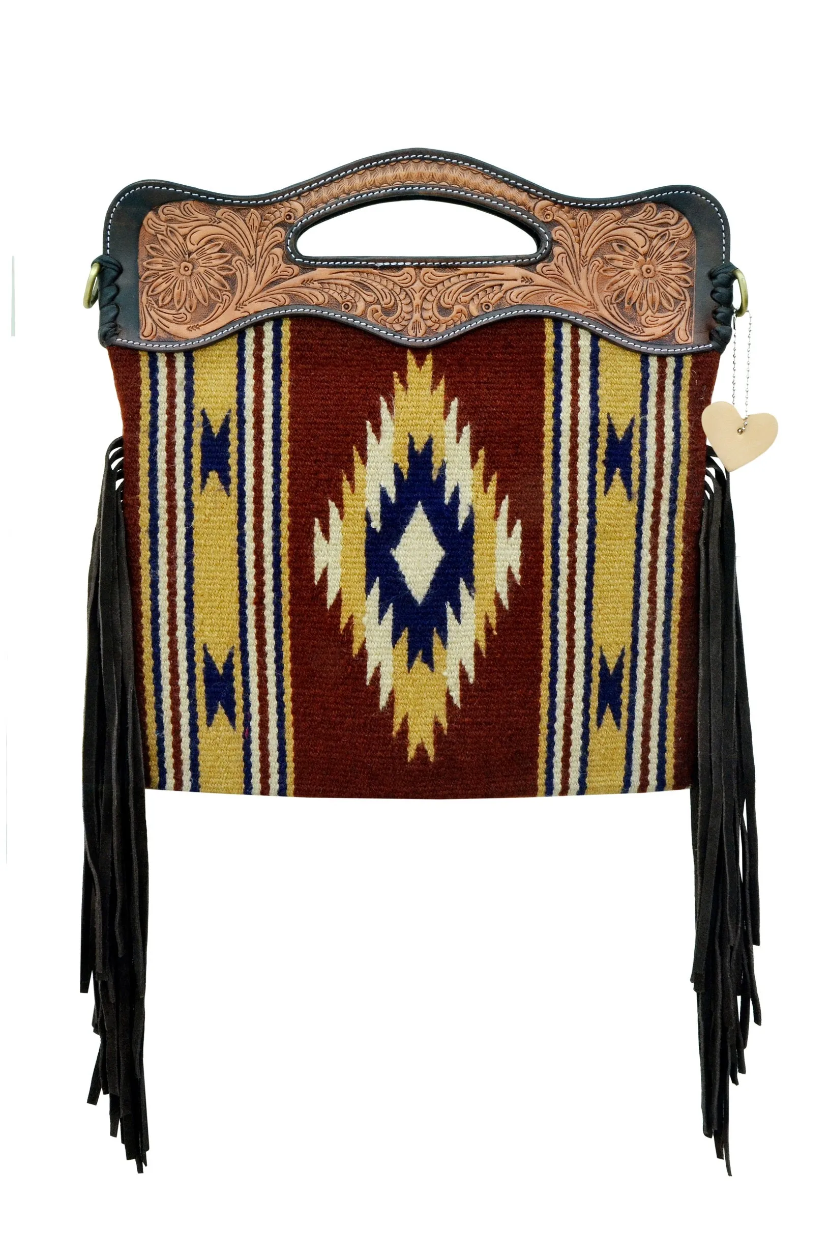 Saddle Blanket Western Style Bag with Fringes,  Tooled Strap and Tooled Handle Panels 20AB008