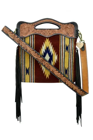 Saddle Blanket Western Style Bag with Fringes,  Tooled Strap and Tooled Handle Panels 20AB008