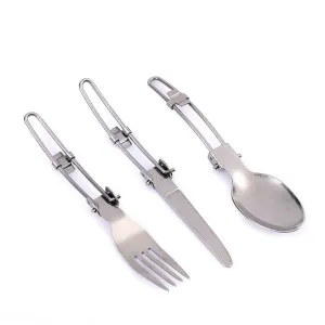 (Set of 3) Camping cutlery foldable knife / fork / spoon with lock   bag - silver