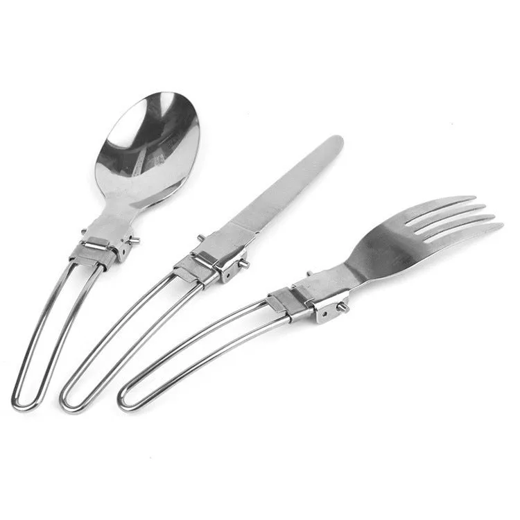 (Set of 3) Camping cutlery foldable knife / fork / spoon with lock   bag - silver