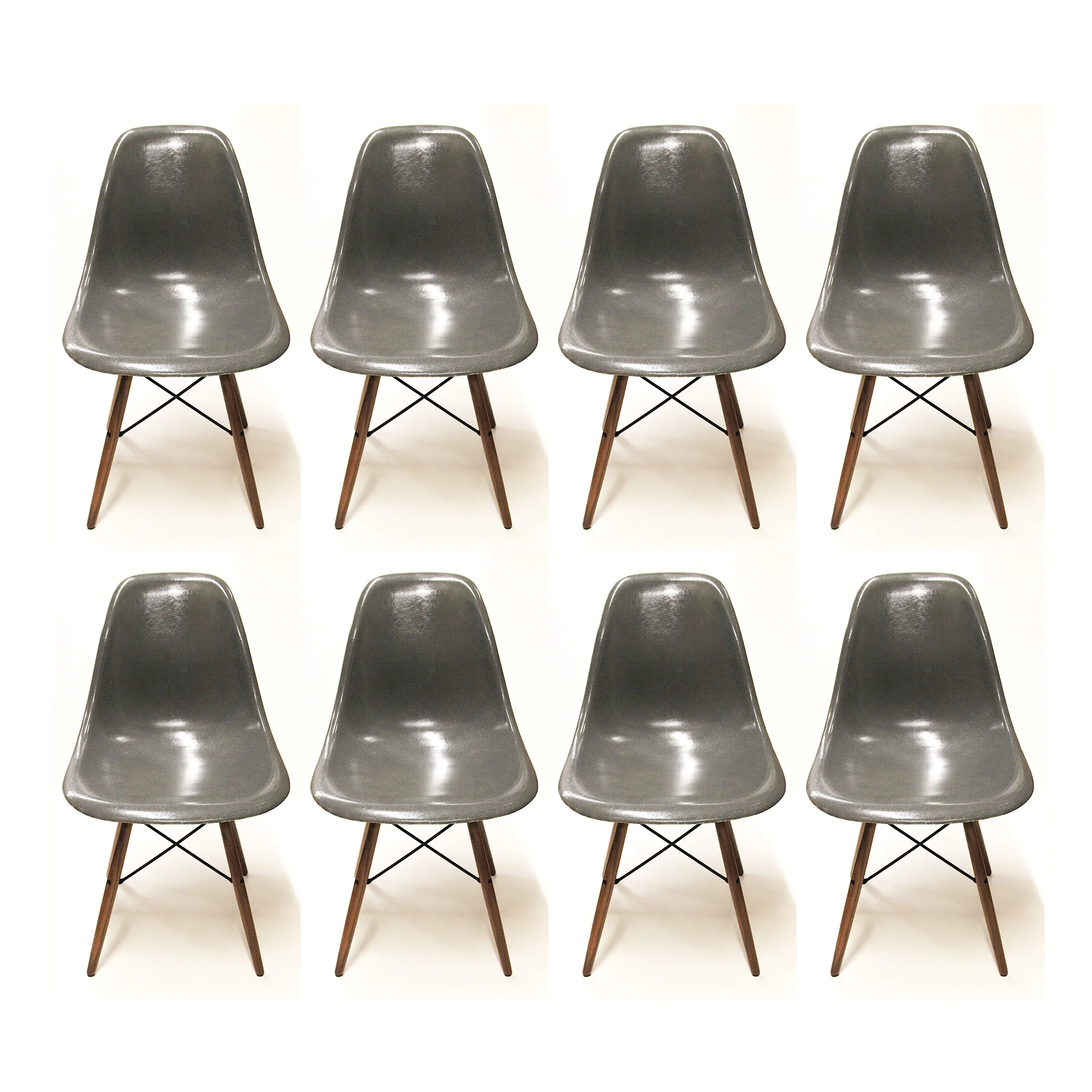 Set of 8 Mid-Century Modern Charcoal Gray Dowel Base Eames Dining Shell Chairs