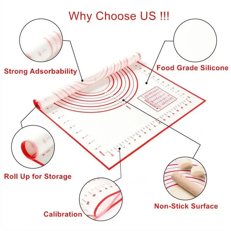 Silicone Baking Mat - Non-Stick Non-Skid Pastry Mat with Measurements