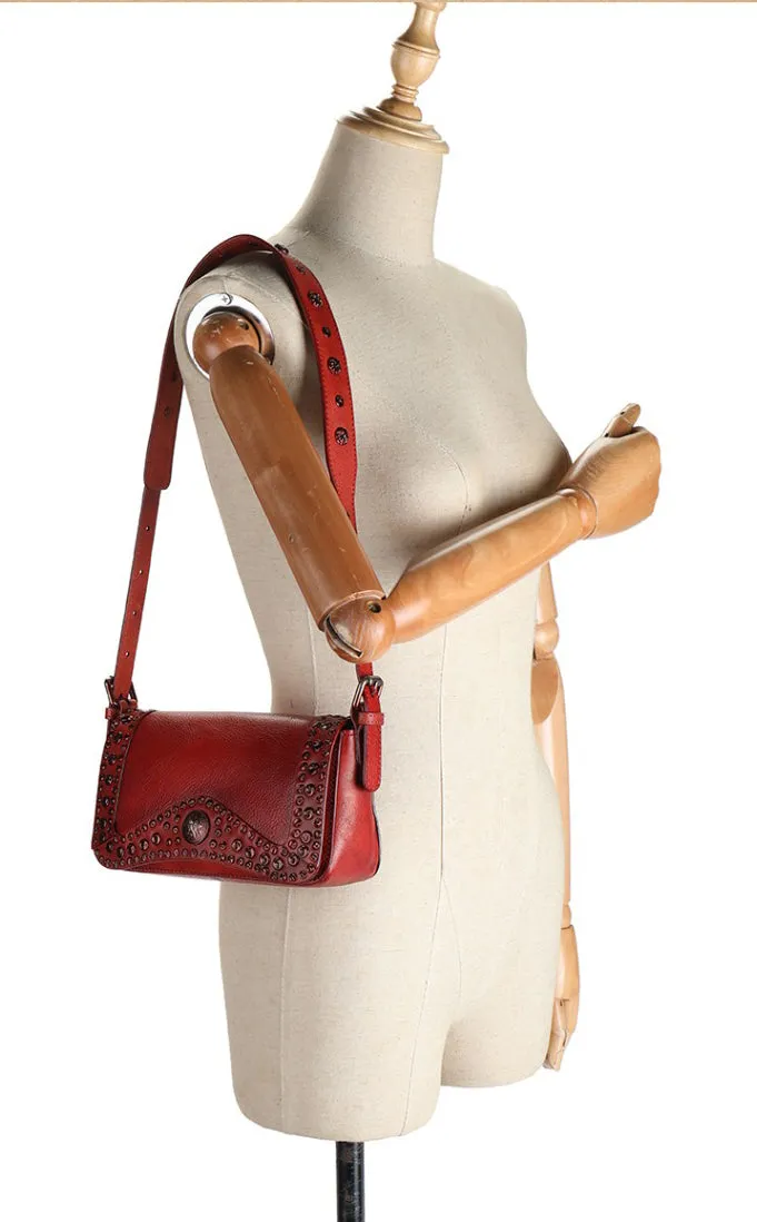 Small Womens Rivet Cowhide Crossbody Purse Ladies Shoulder Bags