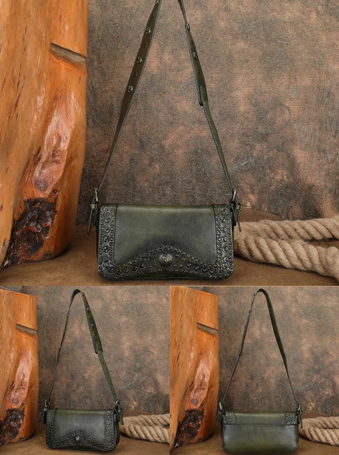 Small Womens Rivet Cowhide Crossbody Purse Ladies Shoulder Bags