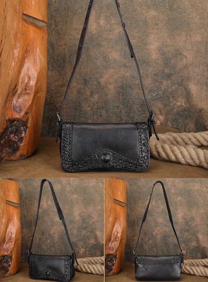 Small Womens Rivet Cowhide Crossbody Purse Ladies Shoulder Bags