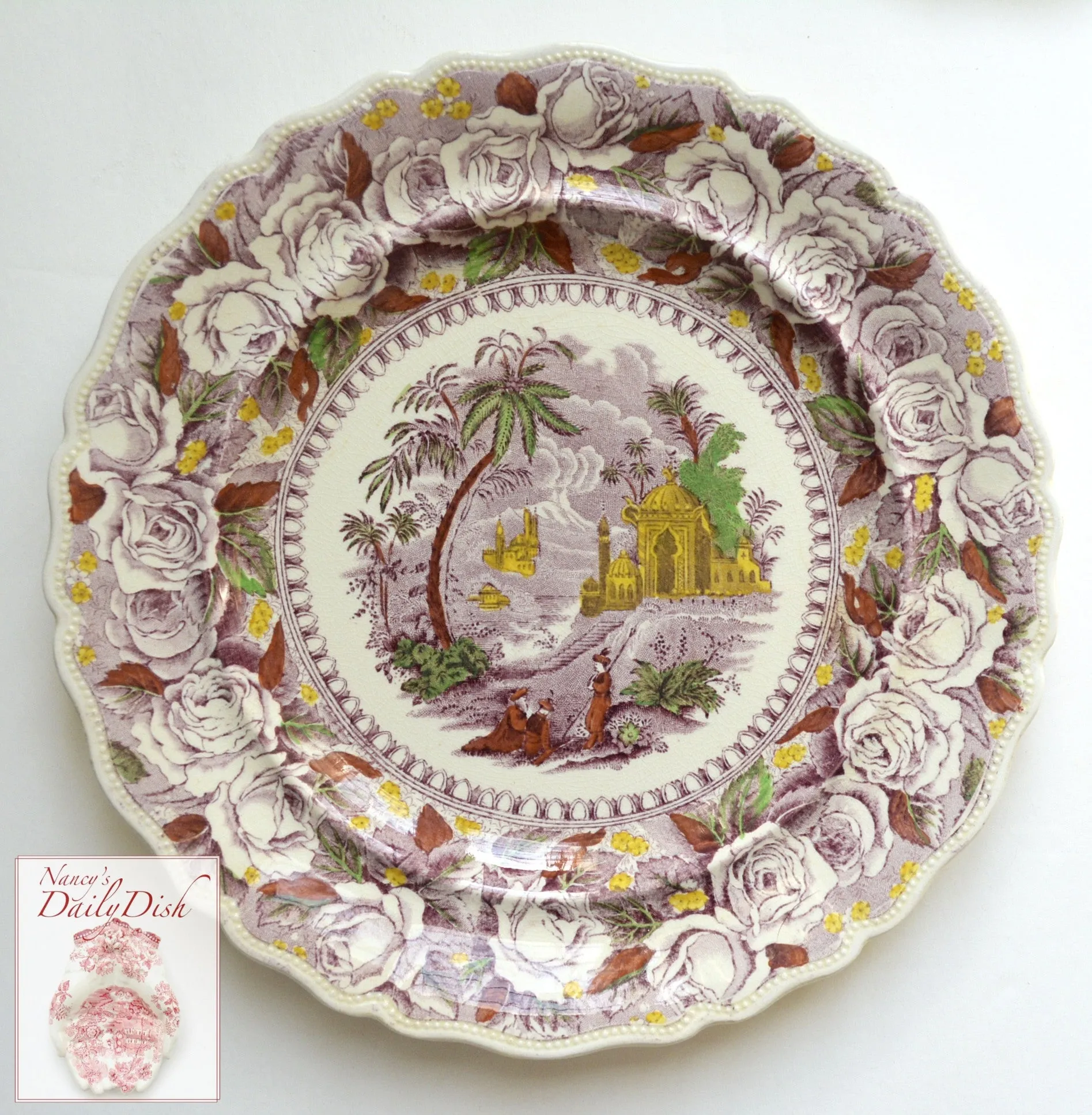 Staffordshire China Purple Chinoiserie Hand Painted Transferware Plate Ridgways Oriental