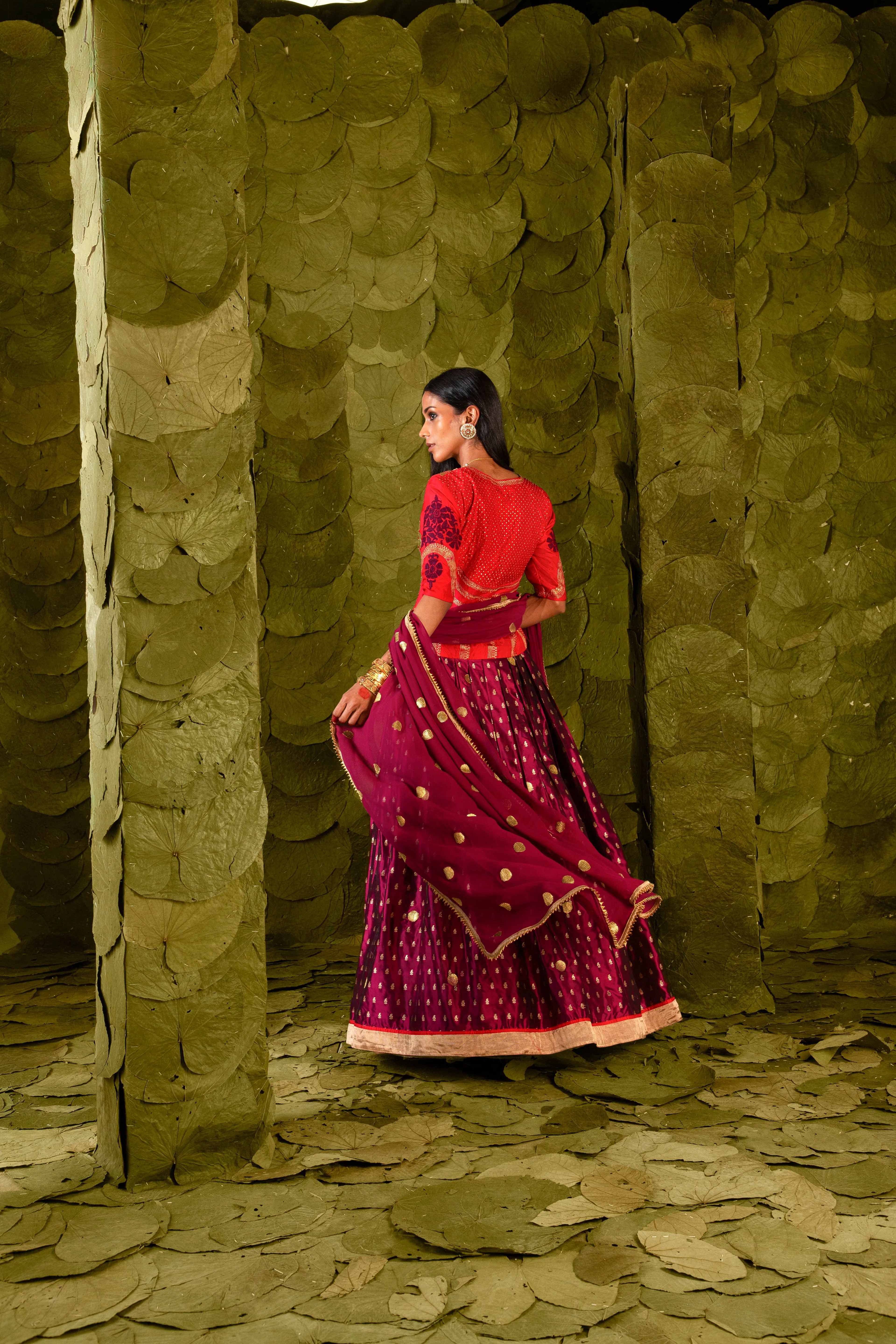 Taṅgi (ತಂಗಿ) Lehenga in Crimson Red and Plum Maroon